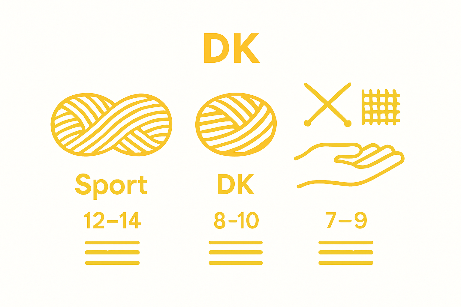 Infographic comparing DK yarn thickness to sport and worsted weights