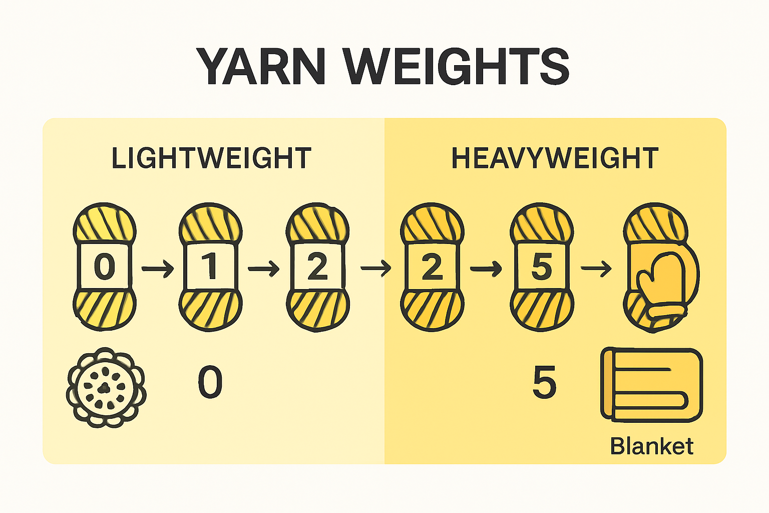 Seven colored yarn skeins labeled by weight category with simple icons