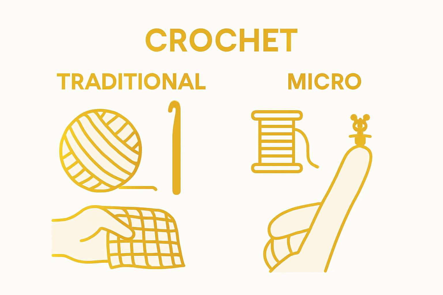Infographic comparing traditional vs. micro crochet tools and scale