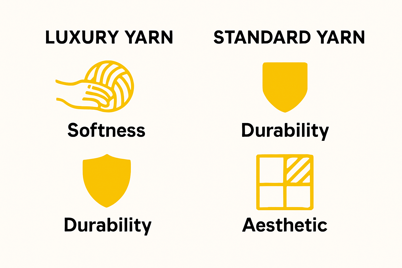 Infographic comparing luxury yarn and standard yarn on softness, durability, aesthetics