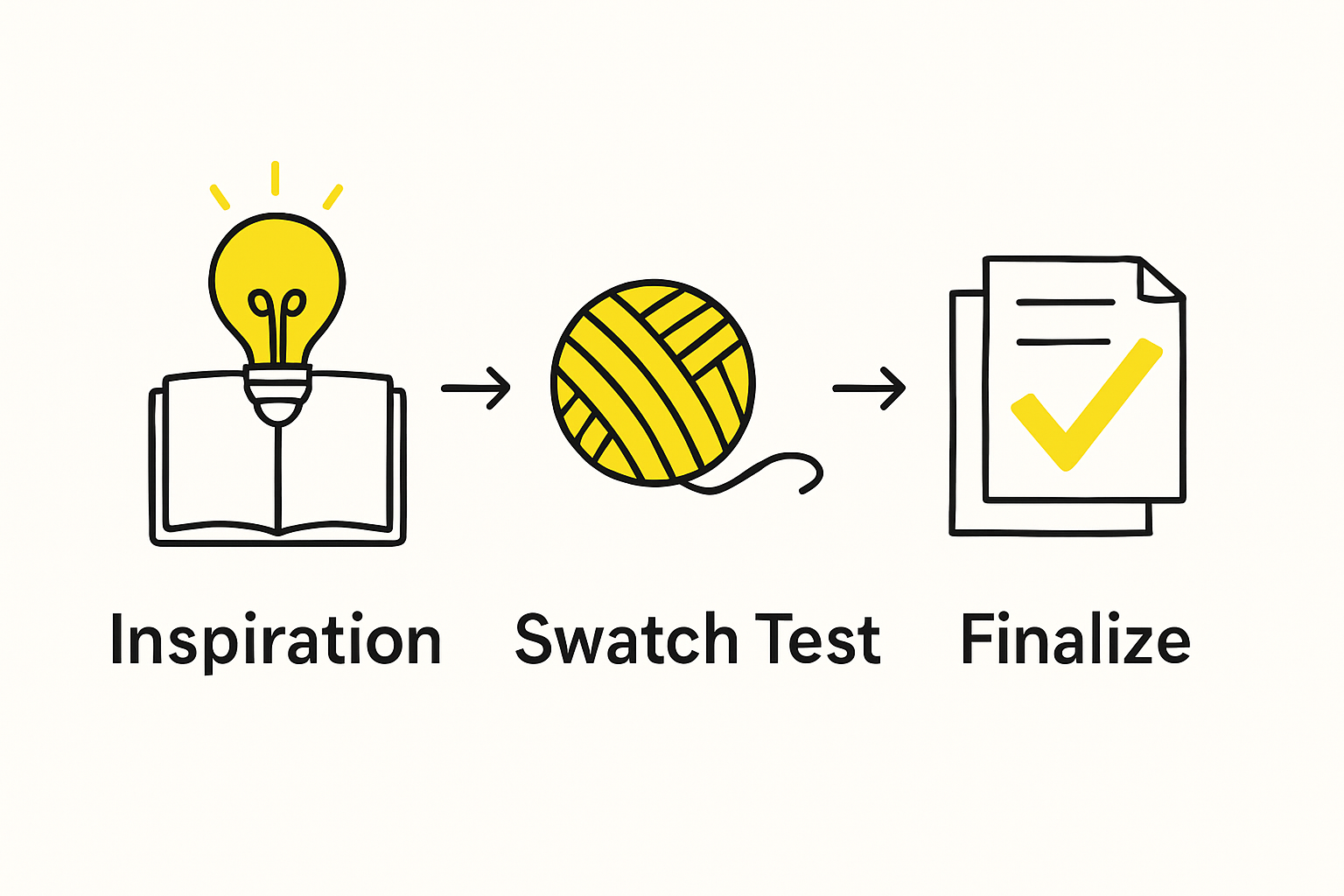 Three-step crochet pattern design workflow depicted with icons