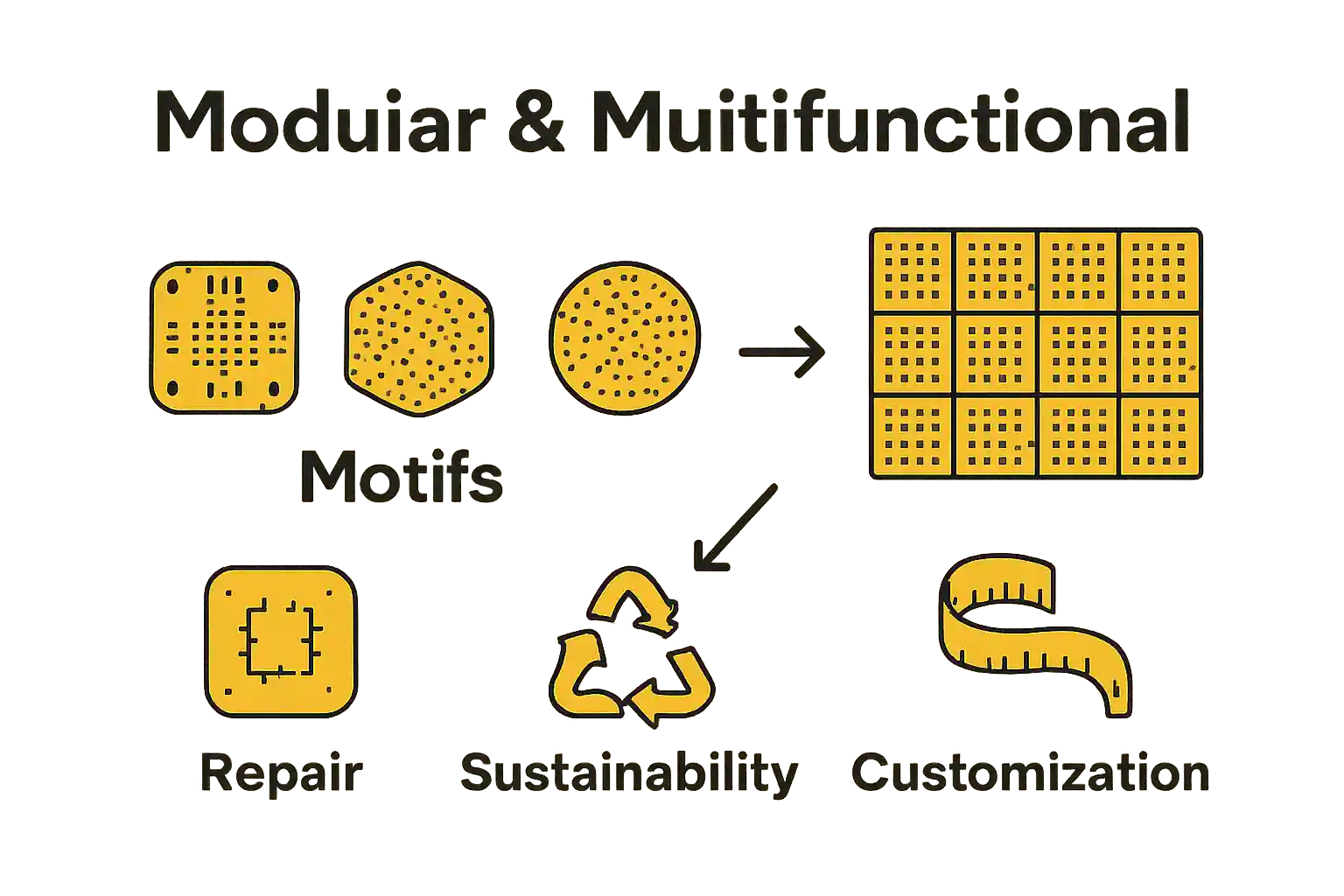 Infographic showing motif shapes, assembly, and practical textile benefits