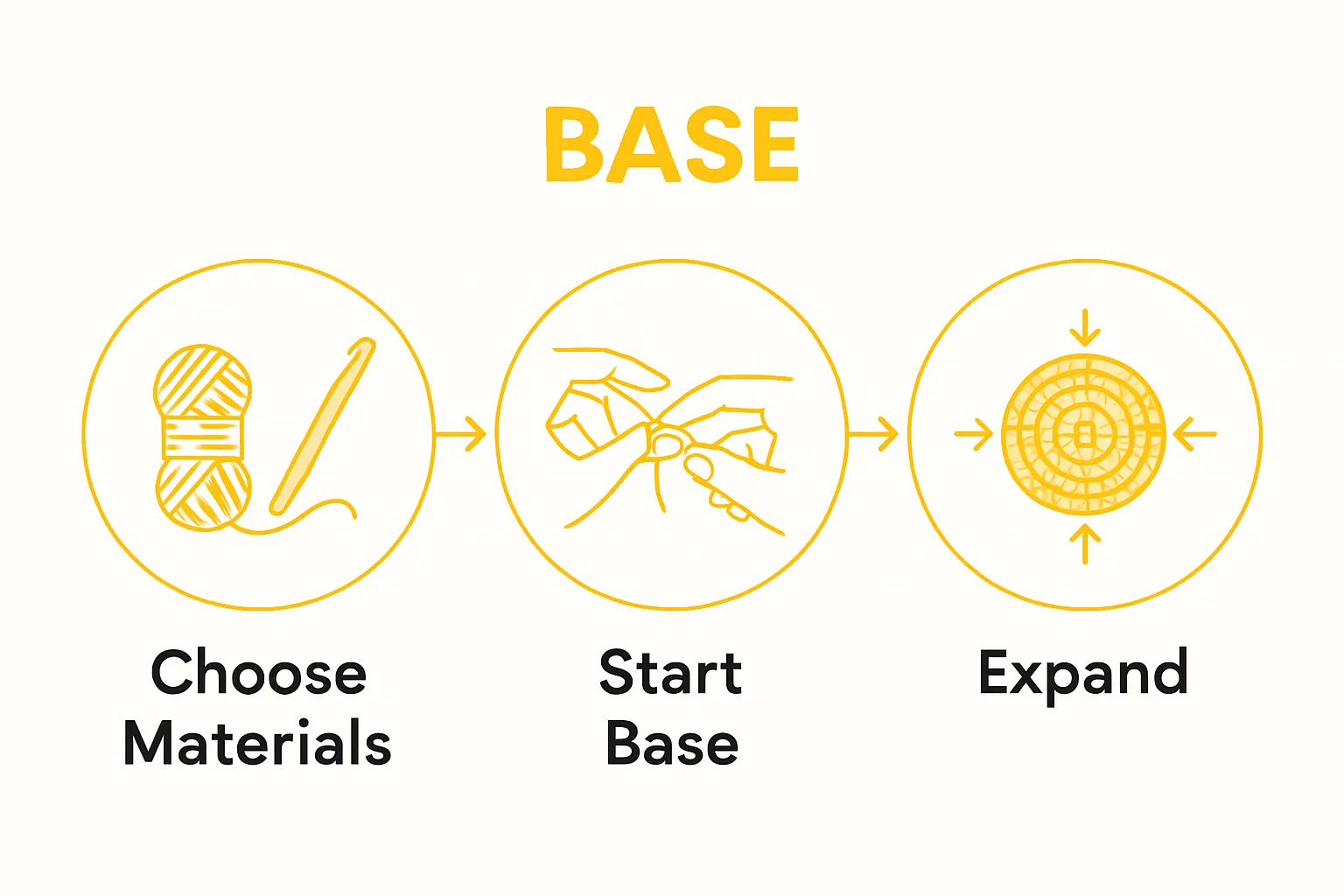Infographic illustrating materials selection, magic ring, and crocheting circular base for tote