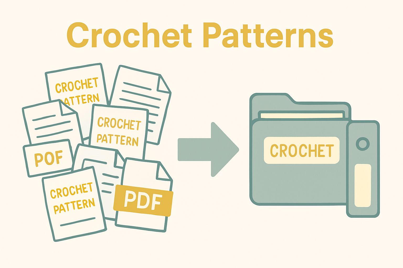 Before and after view of disorganized and organized crochet pattern collections