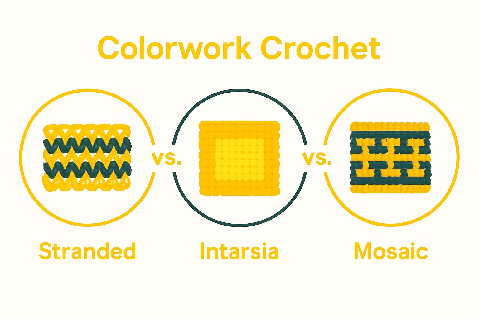 Comparison of three colorwork crochet techniques: stranded, intarsia, and mosaic