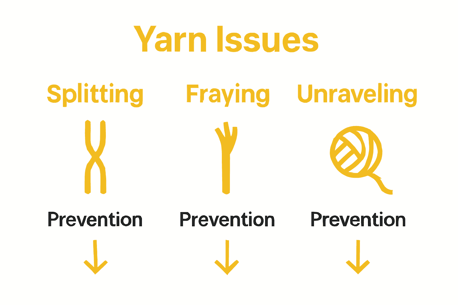 Infographic comparison of splitting, fraying, and unraveling yarn issues.