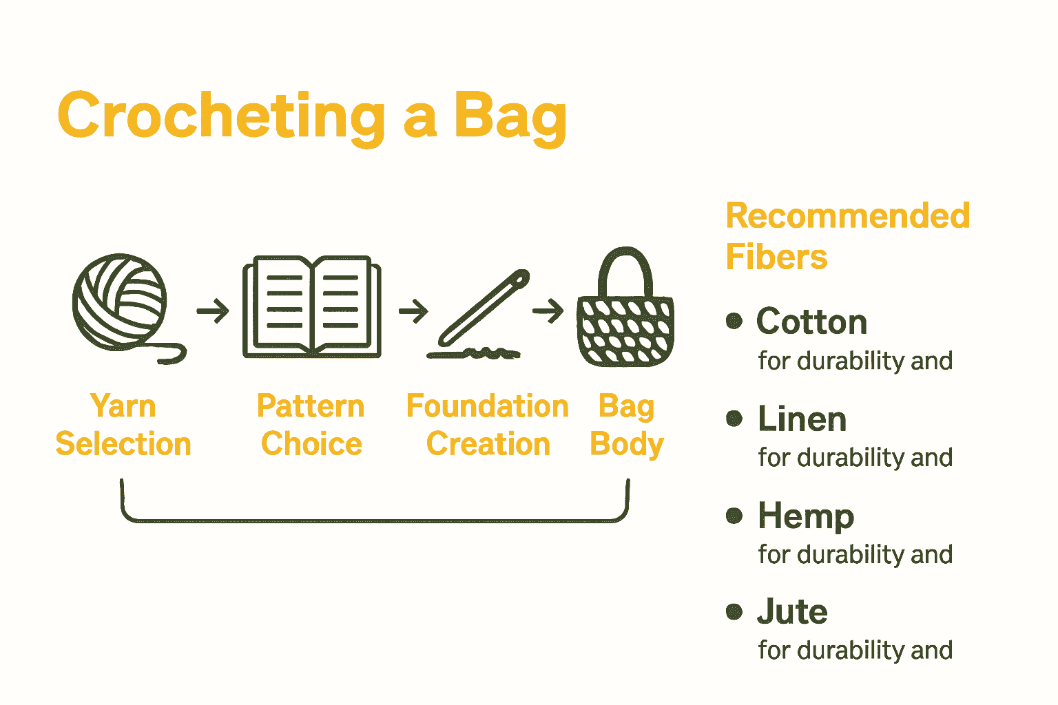 Step-by-step infographic showing yarn choice, pattern, foundation, body, and handle attachment for crochet bags.