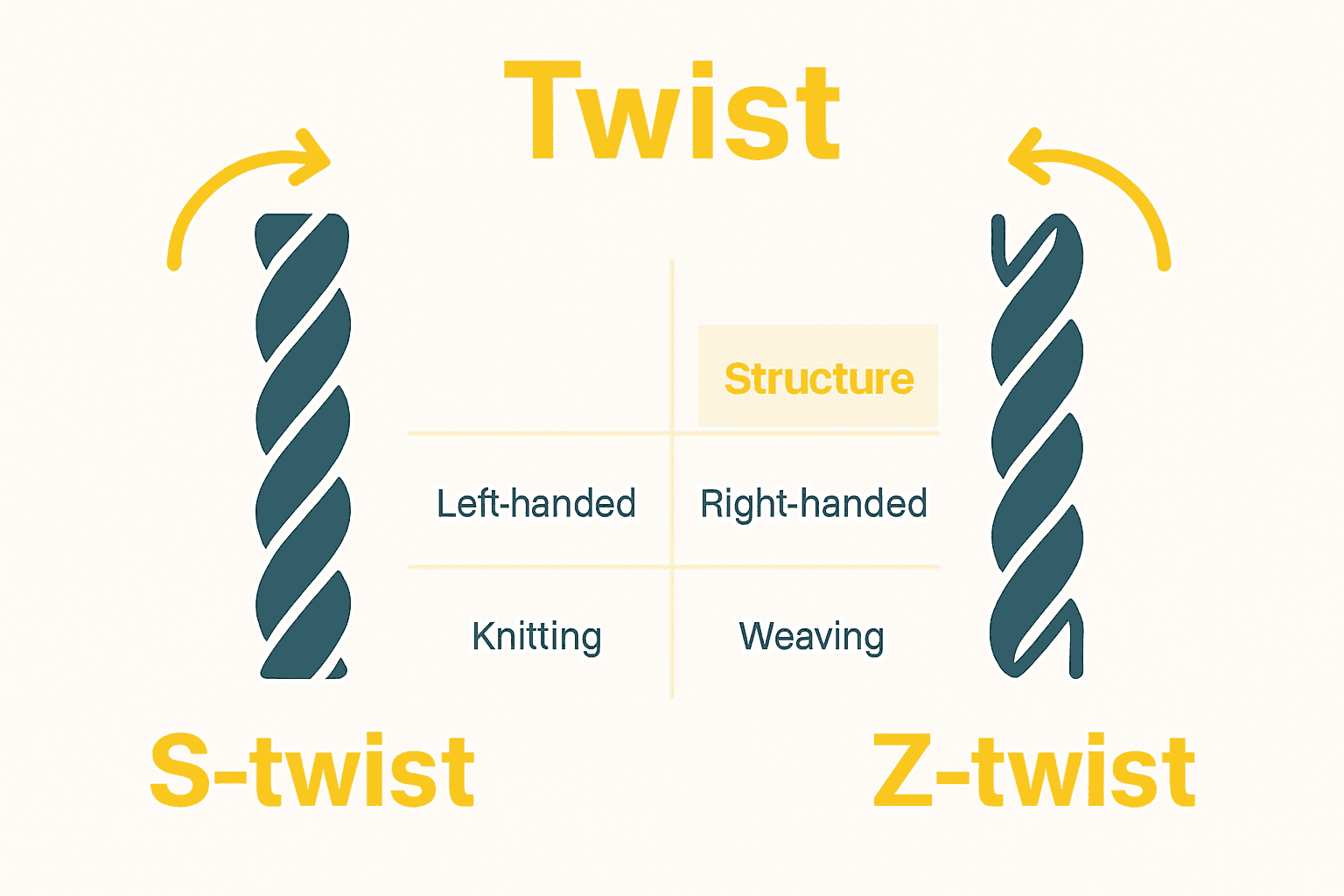 Yarn twist comparison infographic showing S-twist vs Z-twist features.