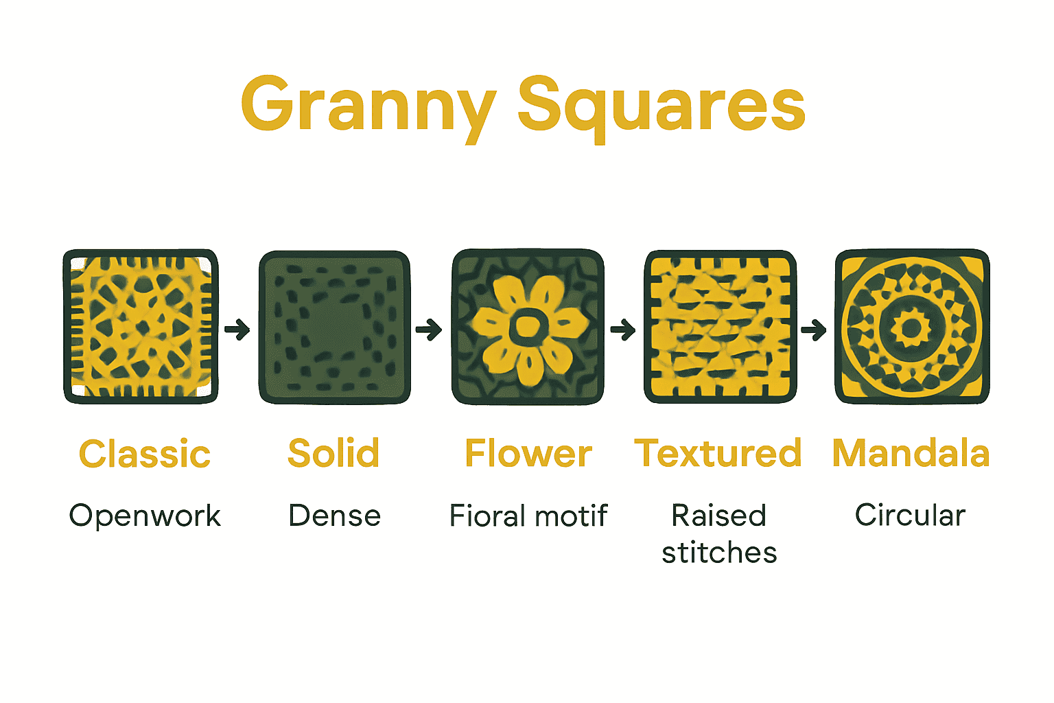 Infographic comparing different types of granny squares by appearance and features.