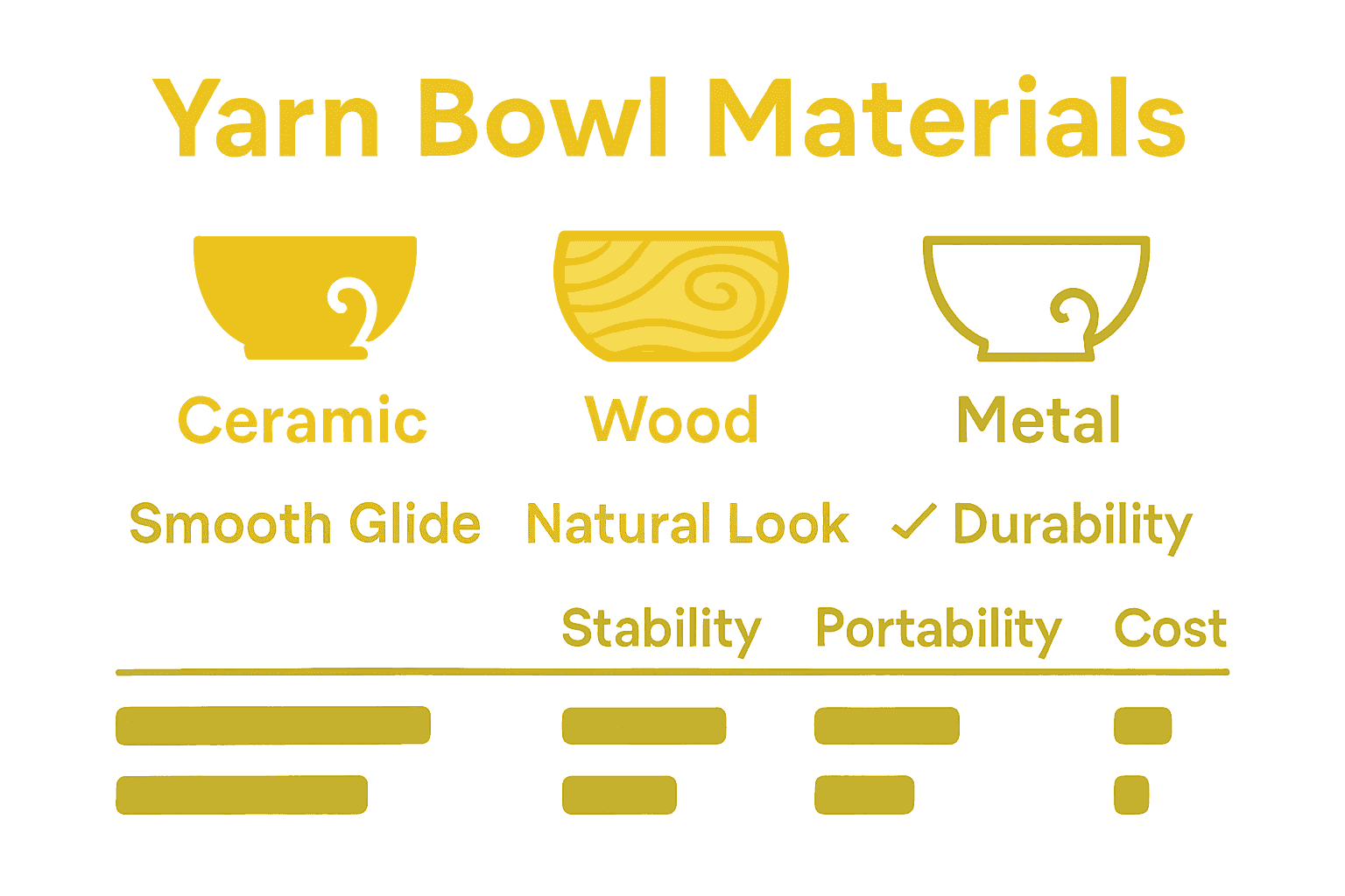 Infographic comparing ceramic, wooden, and metal yarn bowls