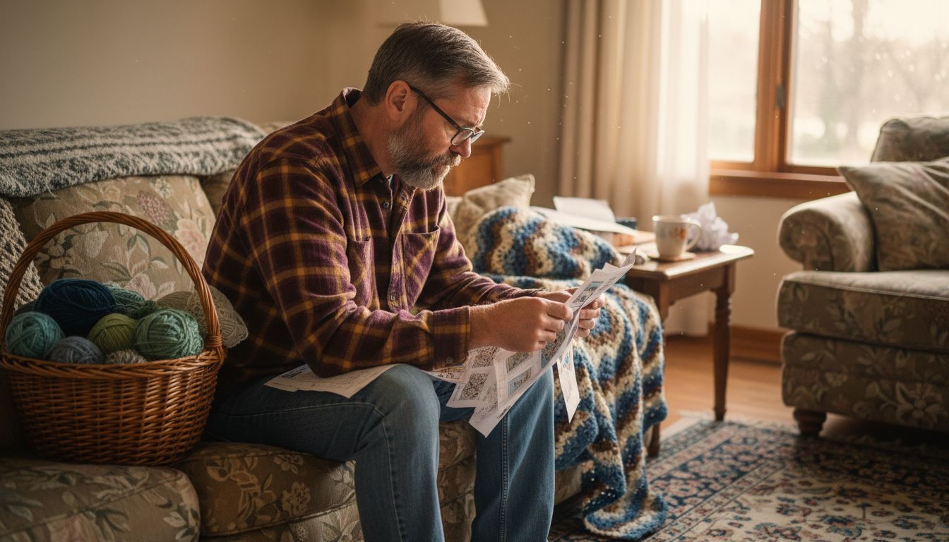 Man comparing several crochet chart types