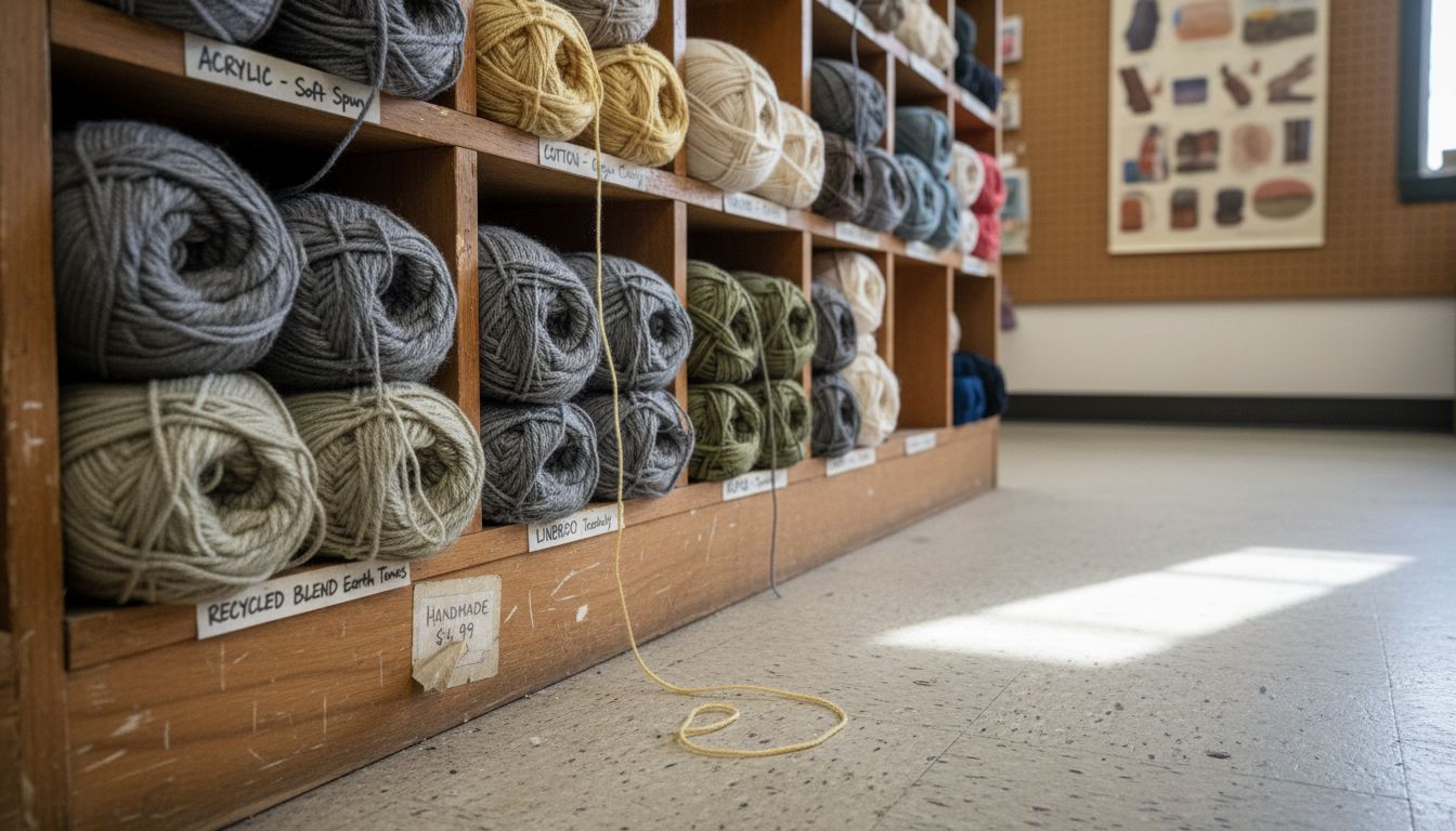 Assorted bulk yarn fibers on craft shelf