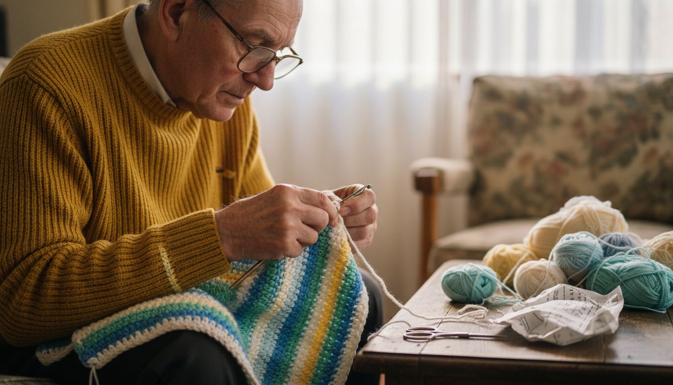Man finishing crochet blanket with crab stitch