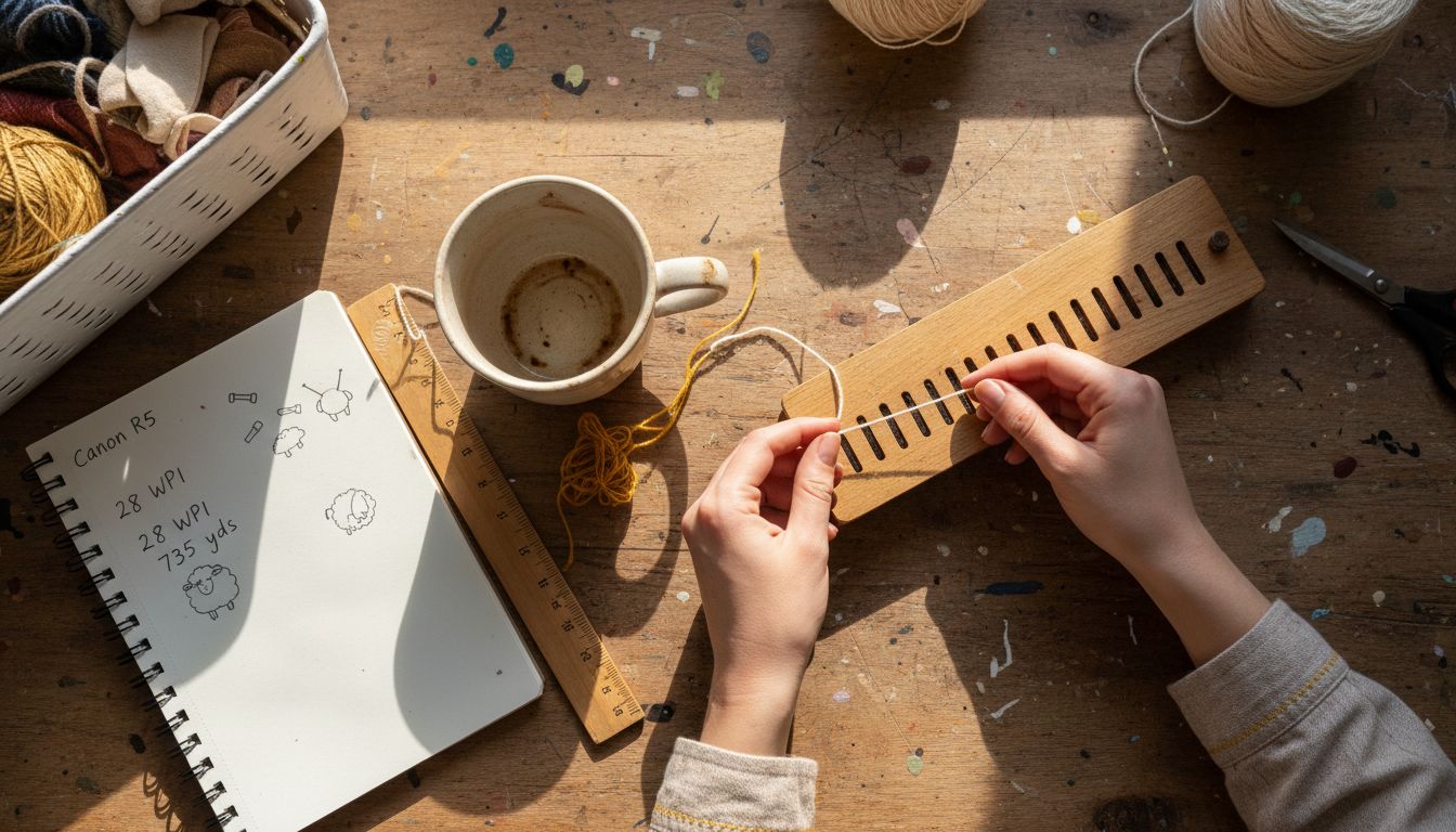 Hands measuring lace yarn on craft table