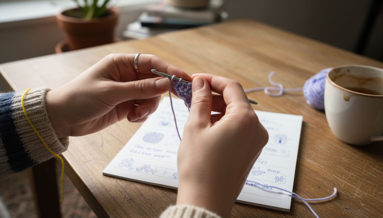 Hands creating magic ring with crochet yarn