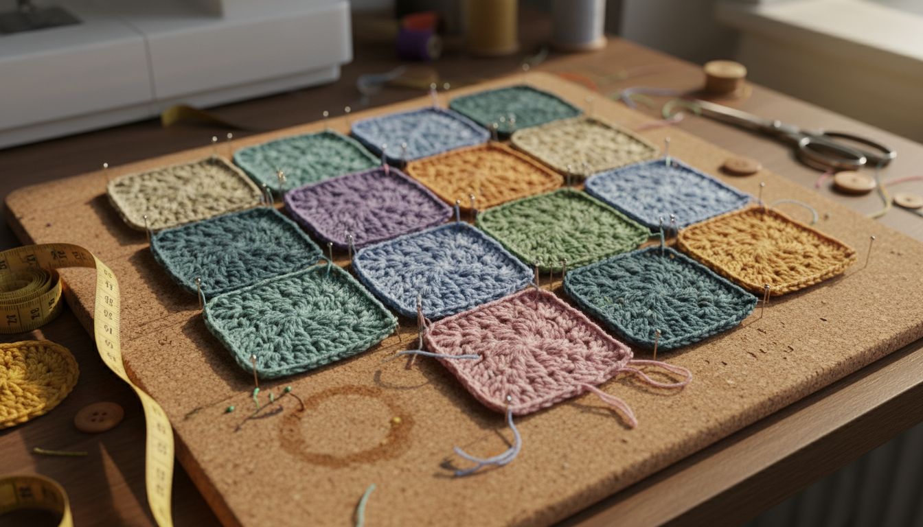 Crochet squares pinned to cork board for blocking