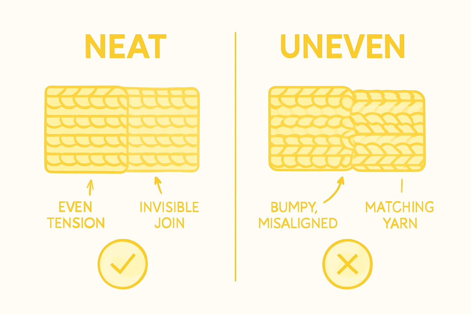 Infographic comparing neat and uneven crochet seams