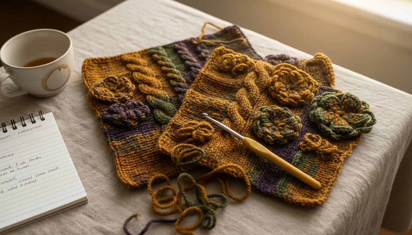 Close-up textured advanced stitch swatches