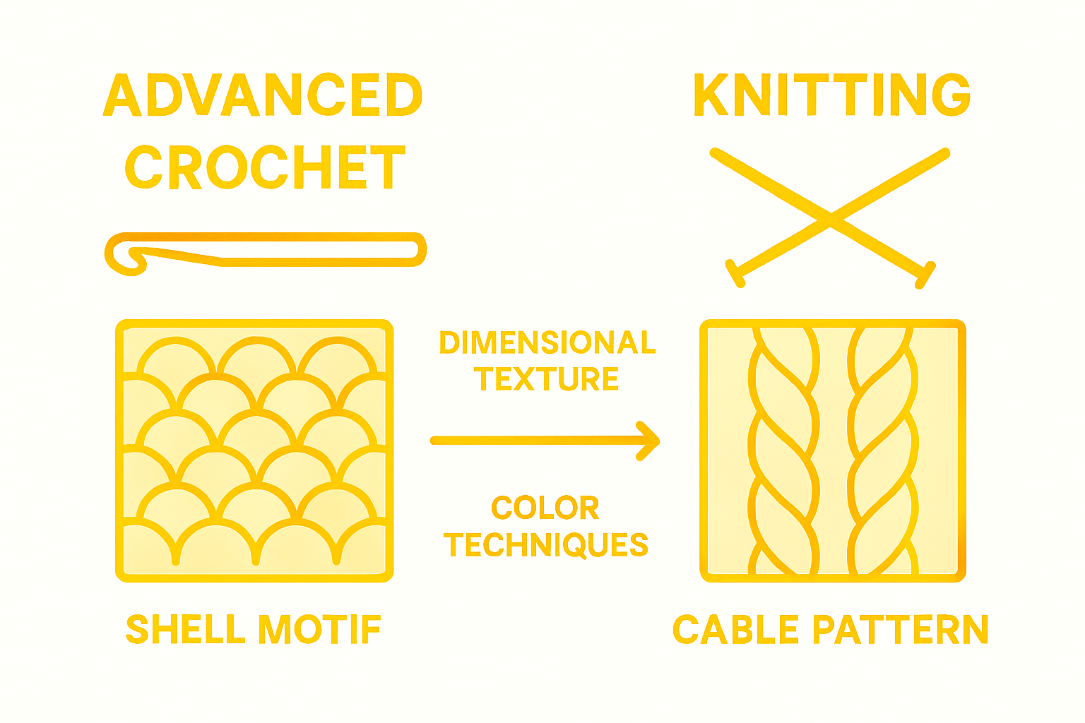 Infographic comparing advanced crochet and knitting stitches