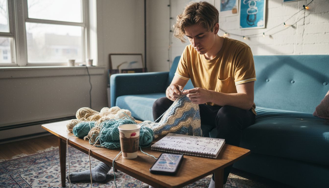Couch crocheter working on wave-stitch blanket