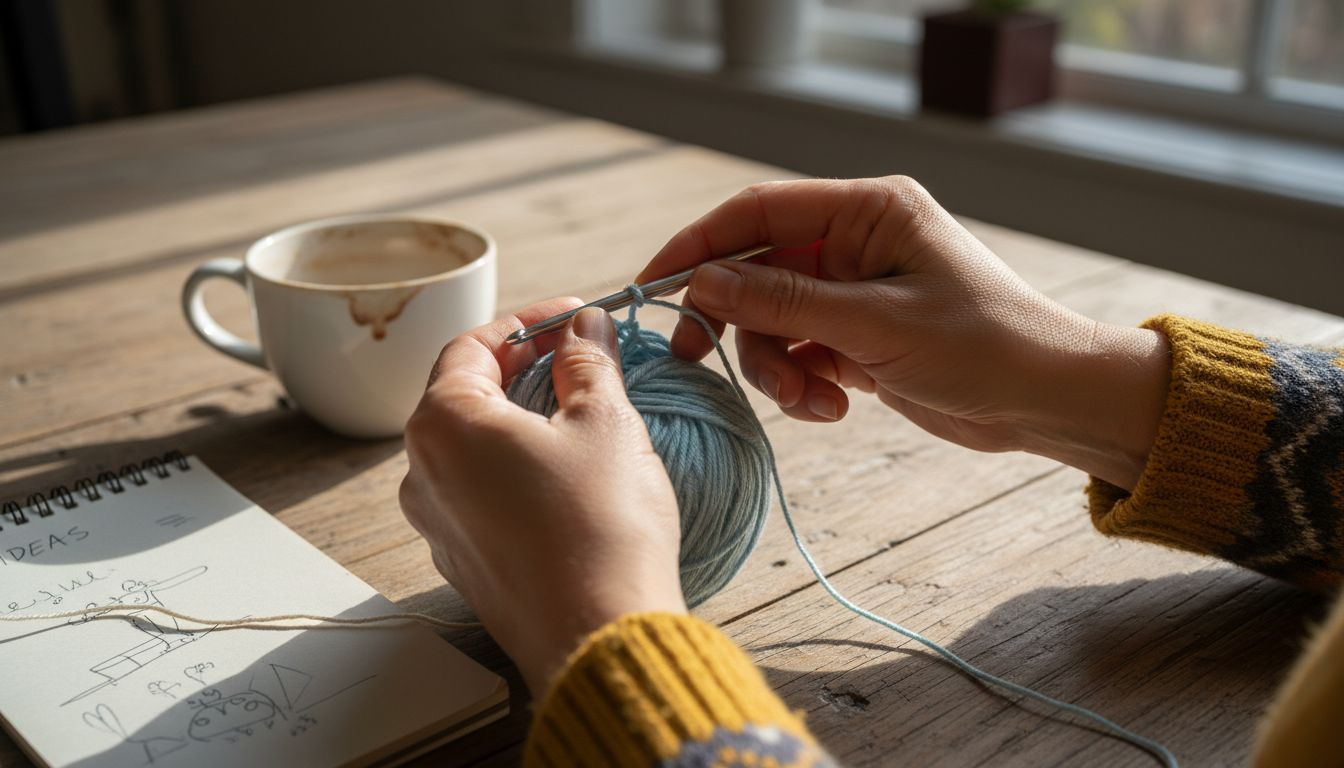 Close-up of hands holding crochet hook