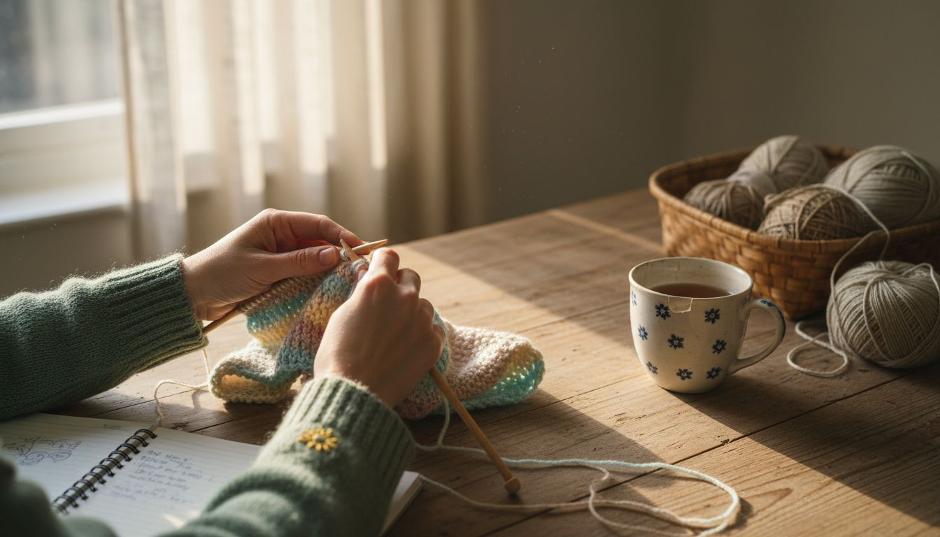Hands knitting cotton yarn scarf on wooden table