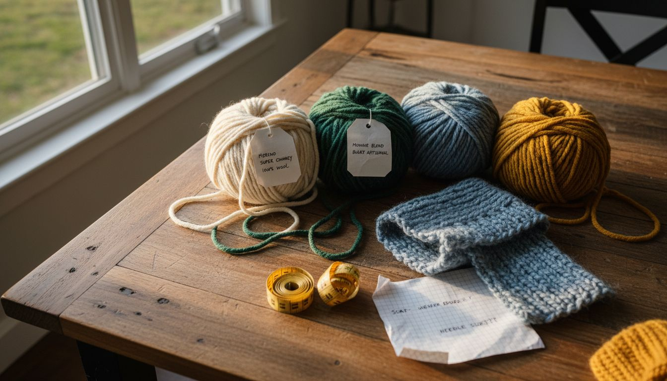 Different types of super bulky yarn skeins on table