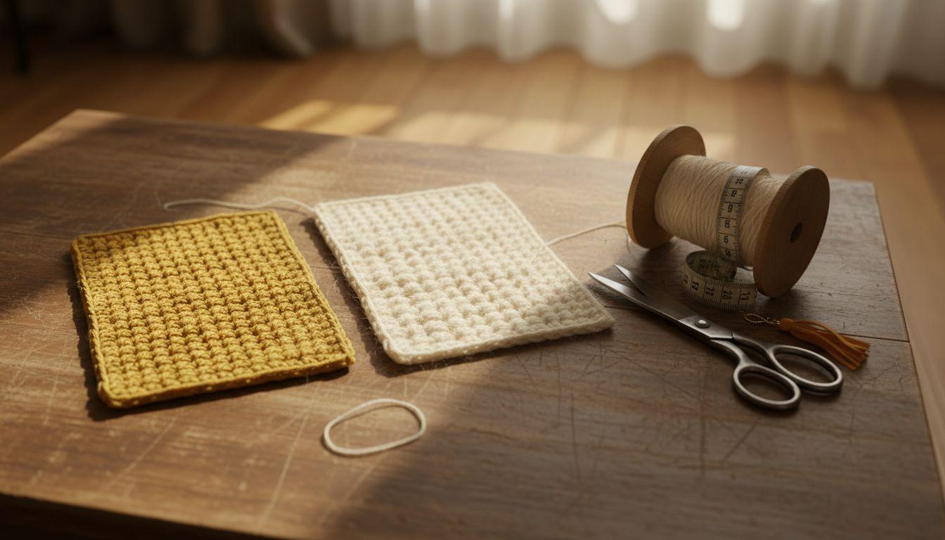 Close-up on crochet swatches with different yarn twists