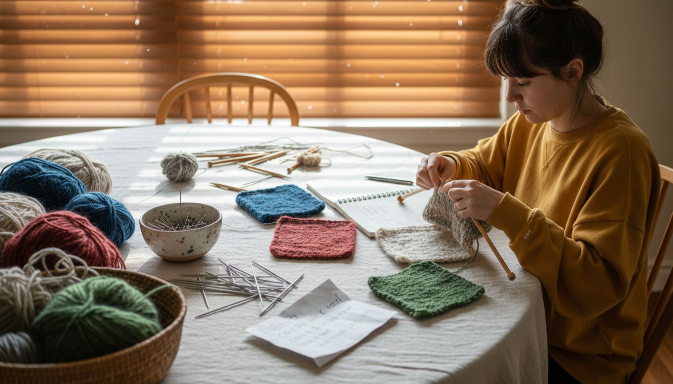 Testing needles with hand spun yarn swatches