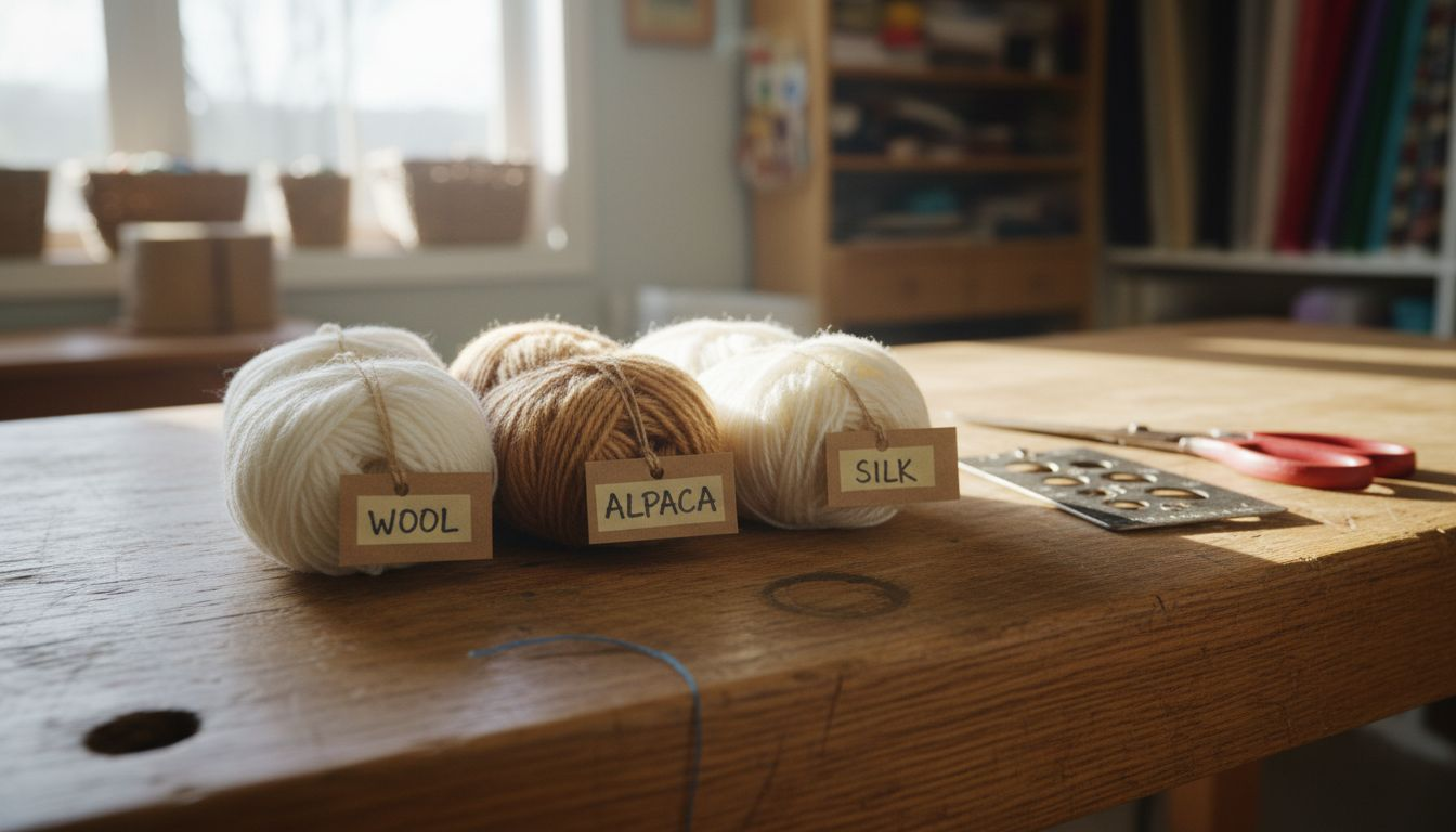 Wool, alpaca, silk yarn on craft bench