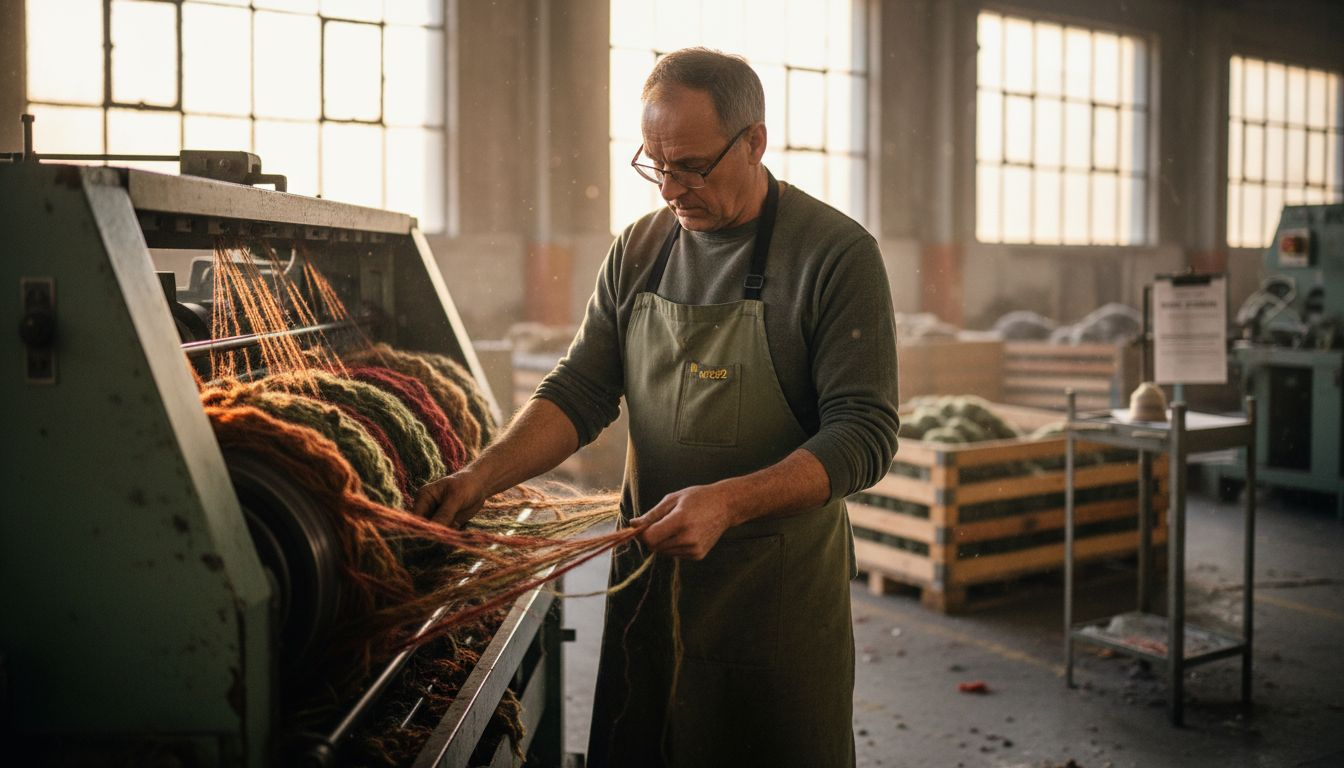Worker inspecting blended heathered yarn fibers