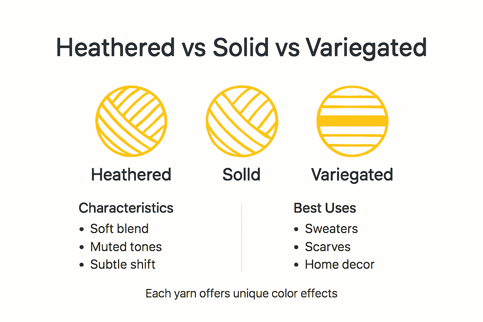 Infographic comparing heathered, solid, variegated yarn