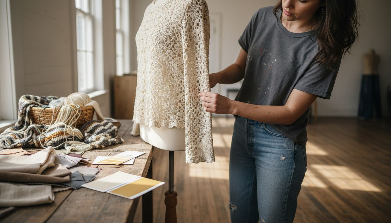 Designer adjusting crocheted blouse details