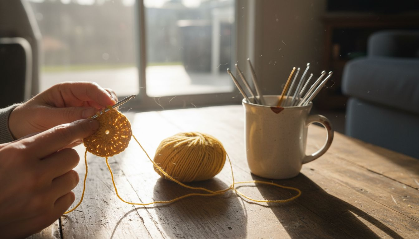 Close-up of hands crocheting flower center