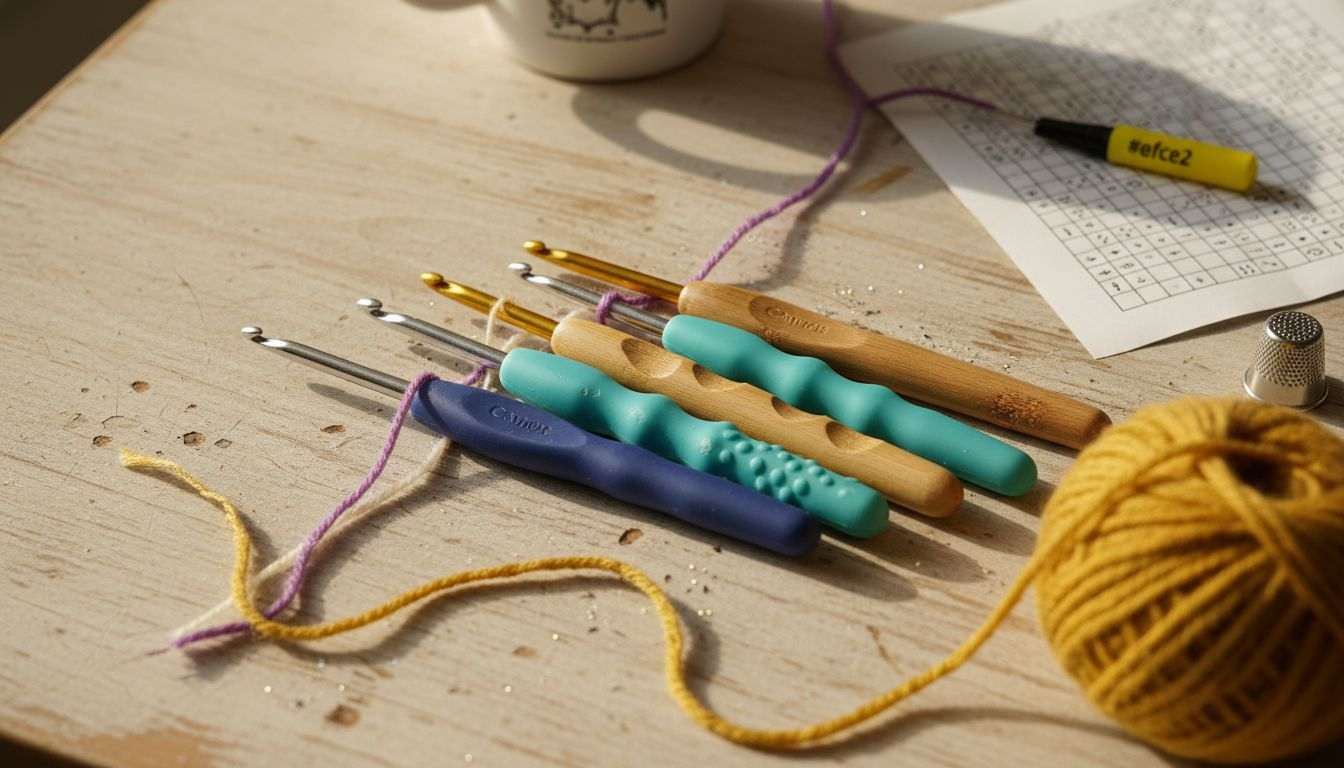 Ergonomic crochet hooks on craft table
