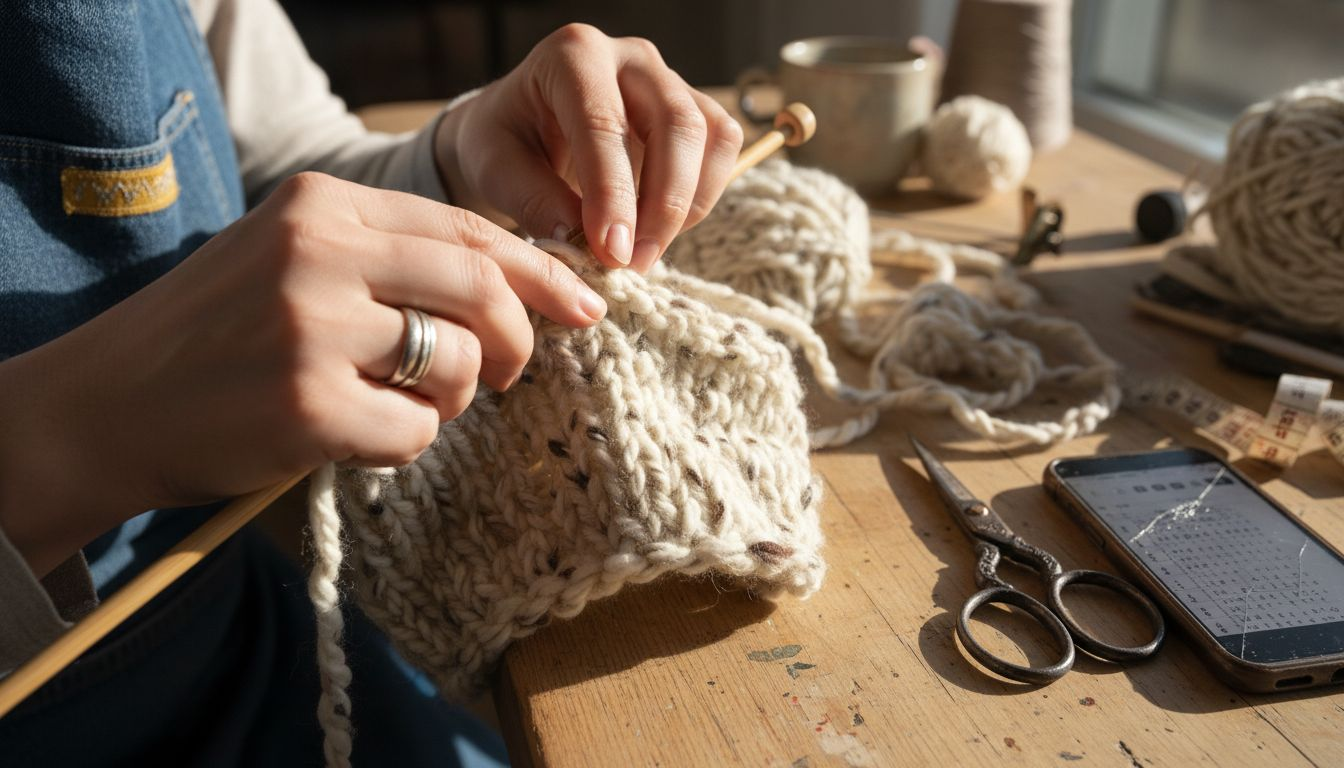 Close-up of hands knitting bouclé yarn