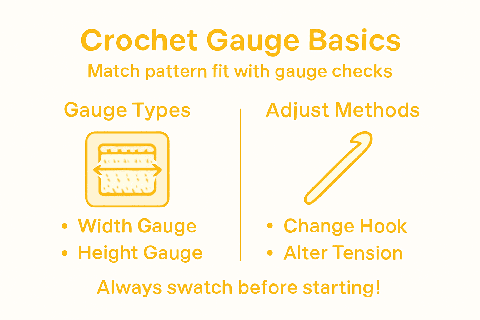 Infographic showing crochet gauge types and adjustment