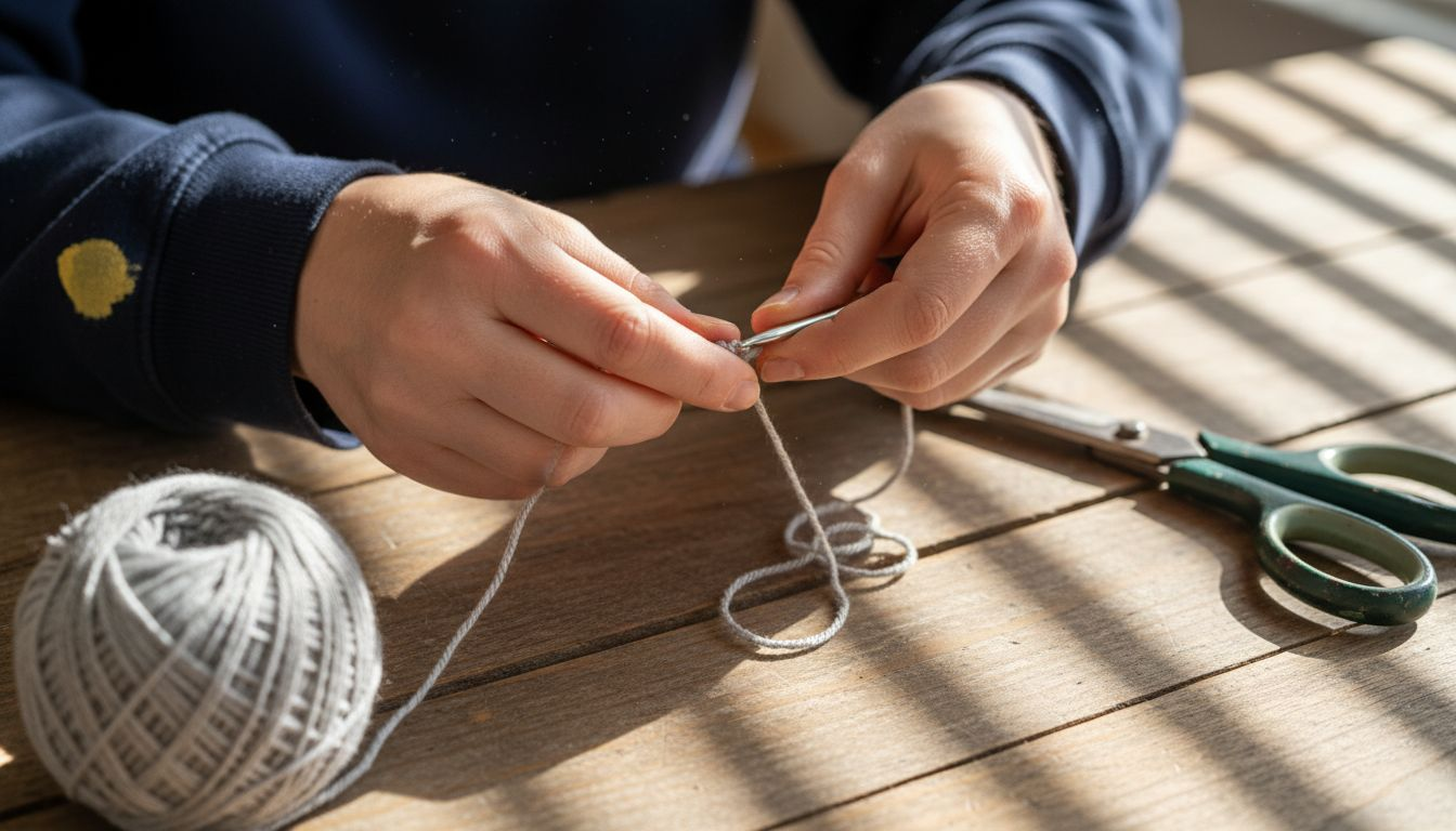 Hand making slip knot and chain in crochet