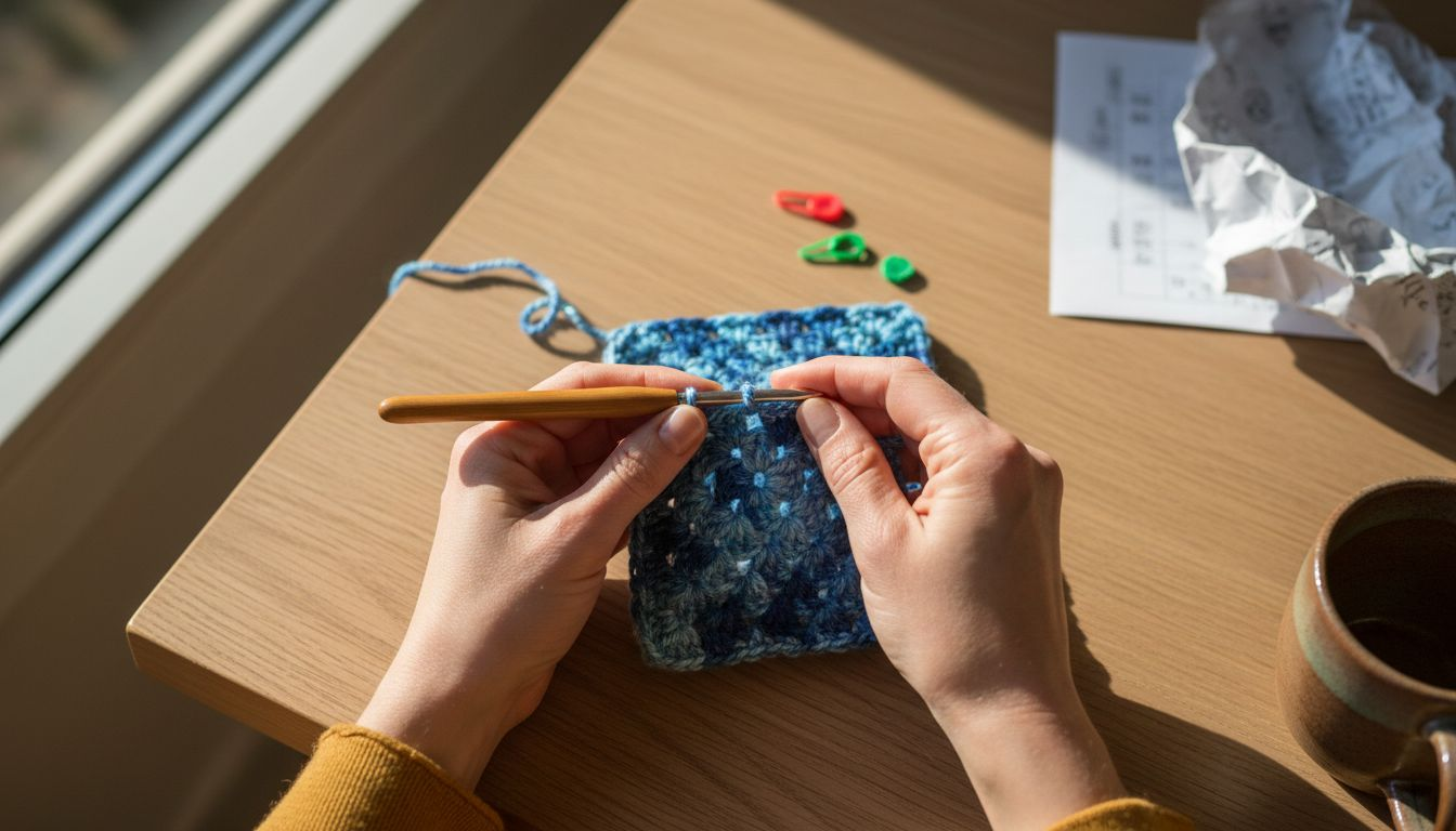 Hands crocheting granny stitch blanket