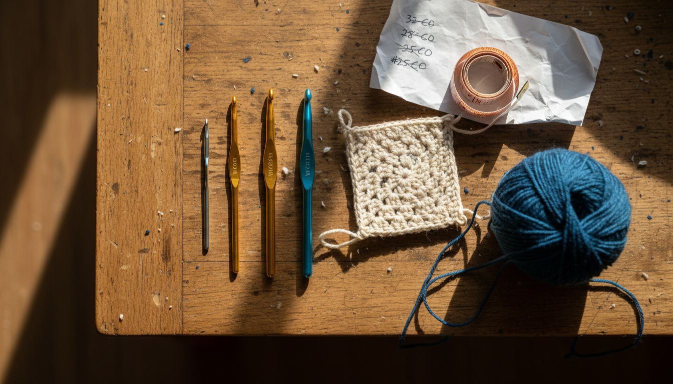 Crochet hook sizes lined up with swatch