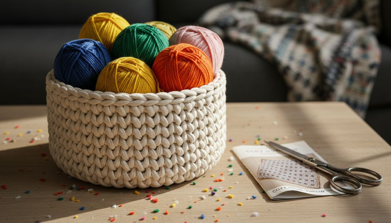 Handmade cotton yarn basket with skeins