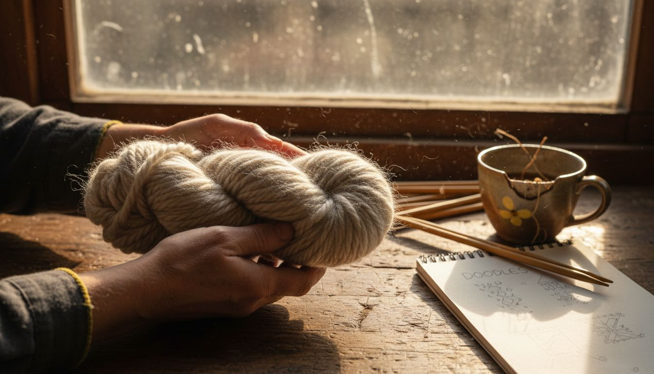 Hands holding fuzzy woolen spun yarn close-up