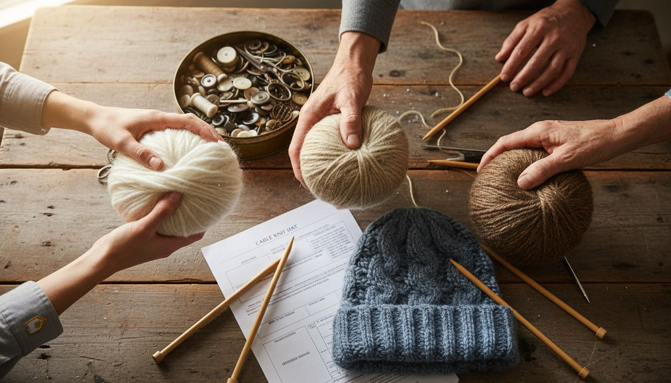 Three hands holding various wool yarn types