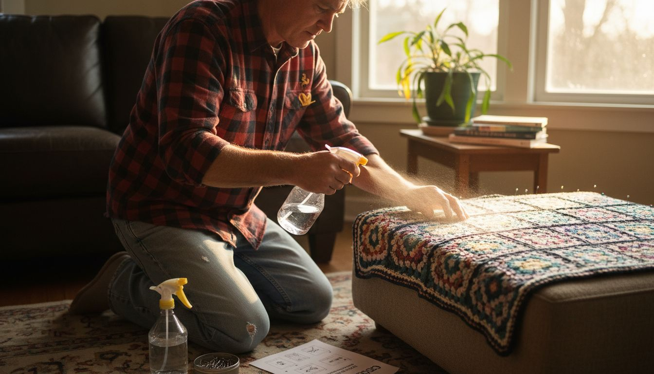 Man using spray bottle to block crochet