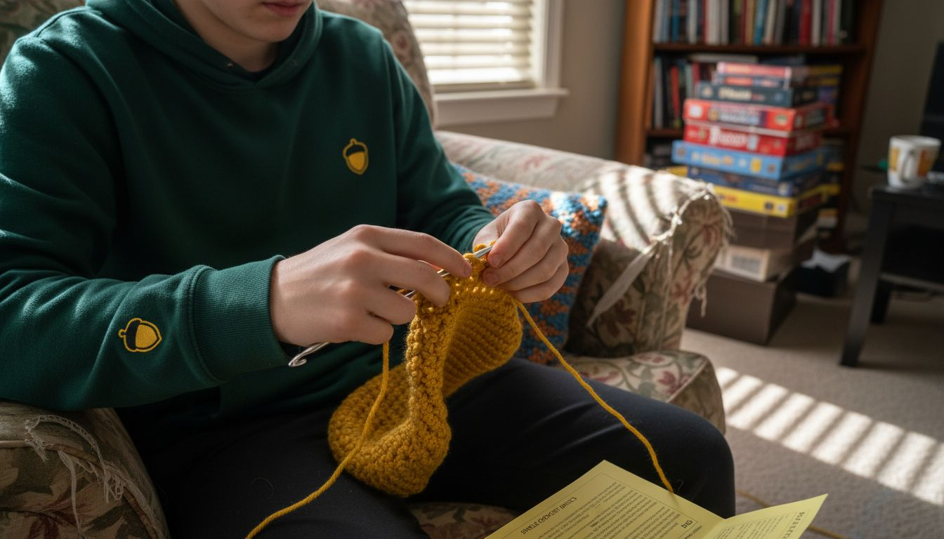 Teen crocheting single stitches on scarf