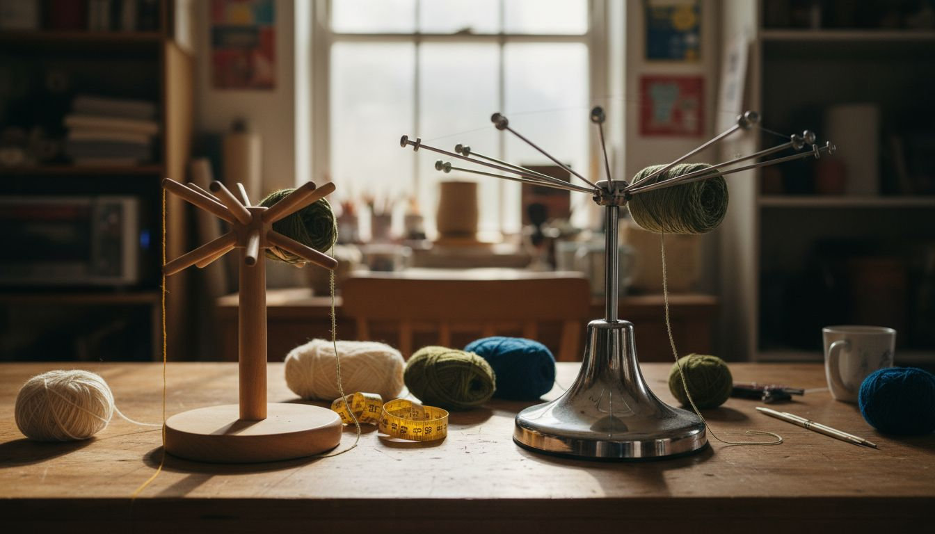 Wooden and metal yarn swifts on workbench