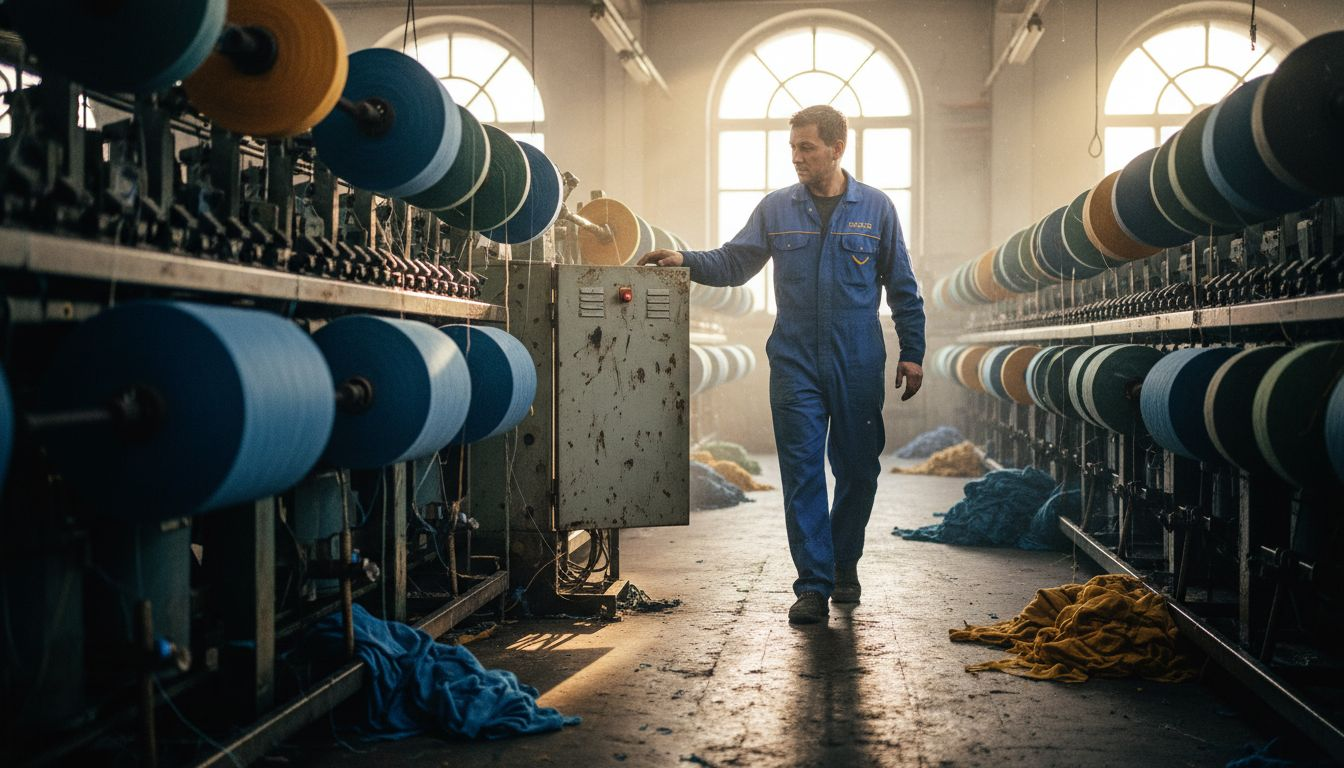 Worker in yarn factory with recycled fiber spools