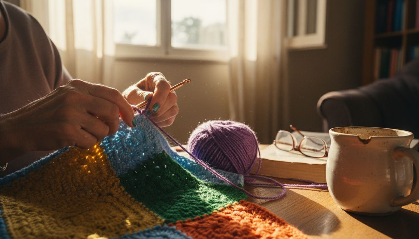 Hands crocheting basic blanket stitches close-up