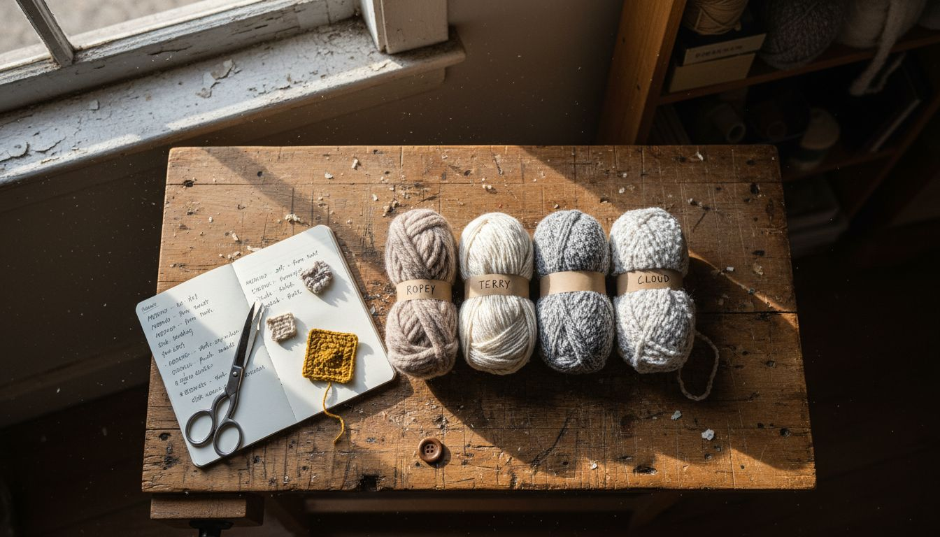 Variety of haptic yarn samples on workbench
