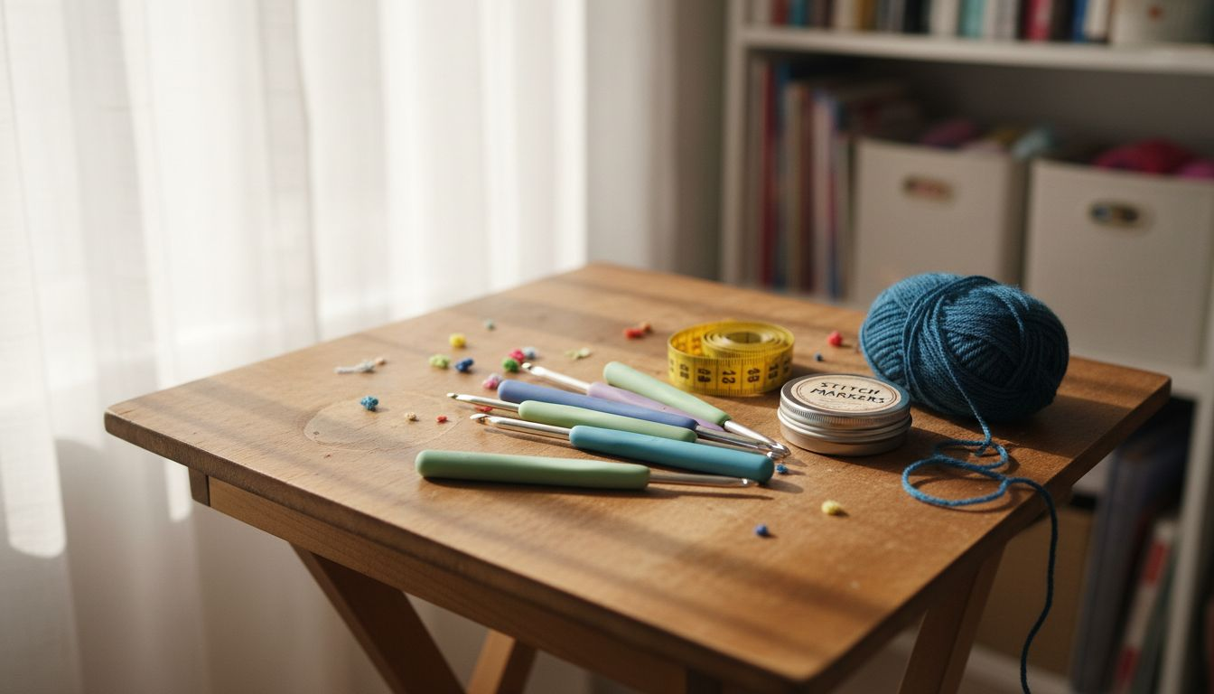 Ergonomic crochet hooks and yarn on tabletop